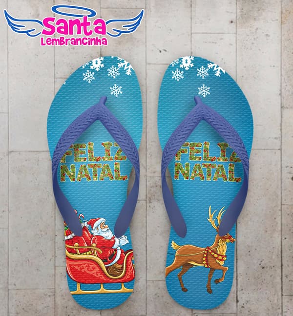 Chinelo Natal Papai Noel no Trenó Fundo Azul Personalizado COD 5690