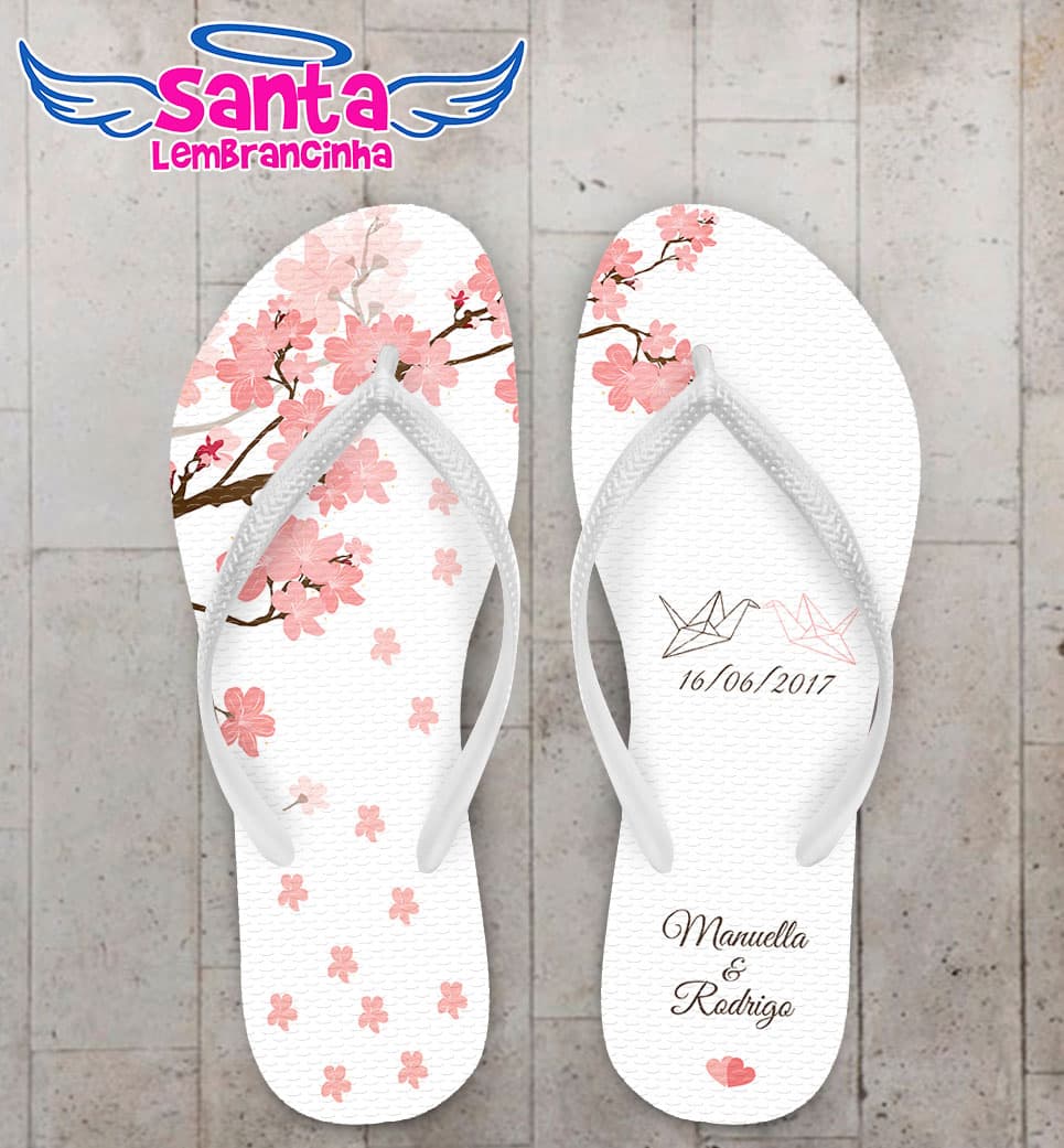 Chinelo Casamento Fundo Branco com Cerejeira Personalizado COD 5360