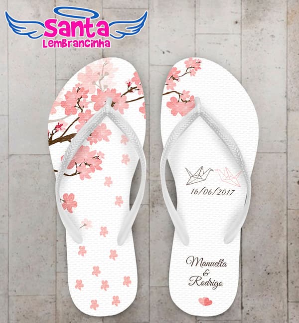 Chinelo Casamento Fundo Branco com Cerejeira Personalizado COD 5360