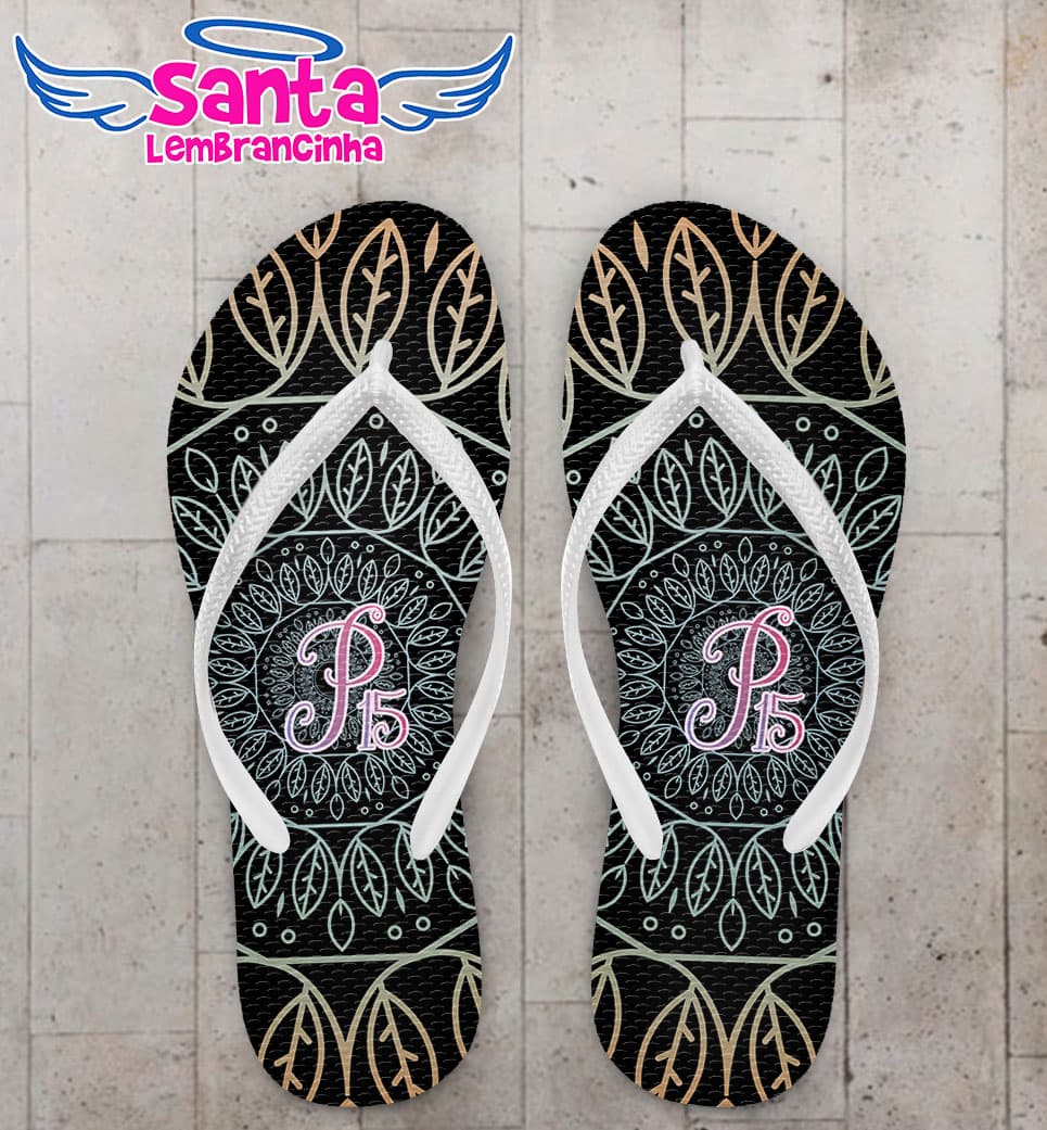 Chinelo Debutante 15 Anos Mandala Fundo Preto Personalizado COD 5413