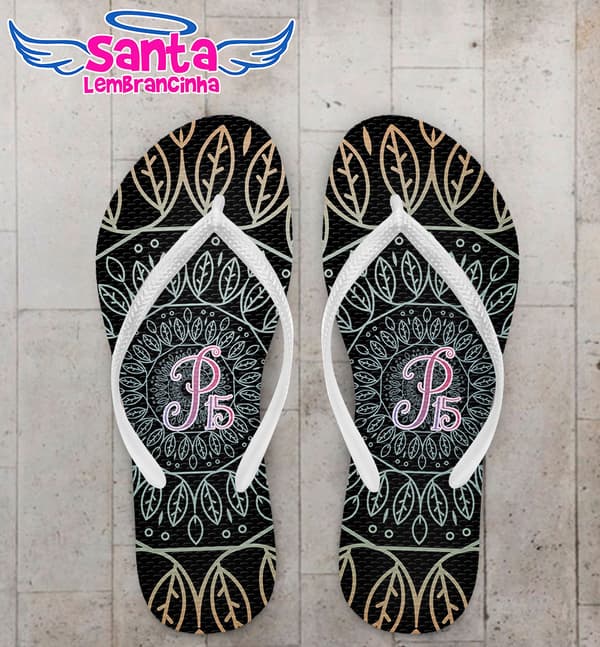 Chinelo Debutante 15 Anos Mandala Fundo Preto Personalizado COD 5413