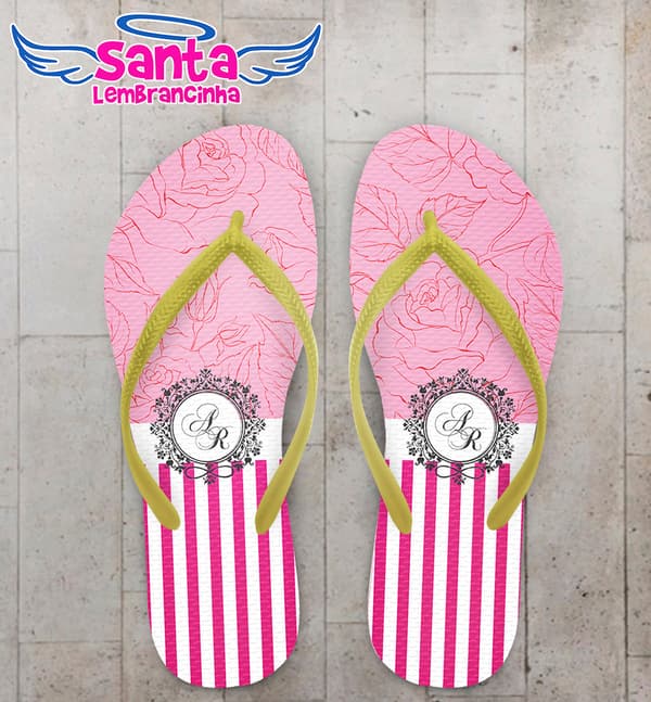 Chinelo Casamento Listrado com Flores e Monograma COD 5988