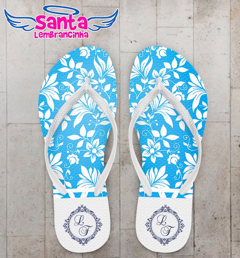 Chinelo Casamento Flores com Fundo Azul e Monograma COD 5990