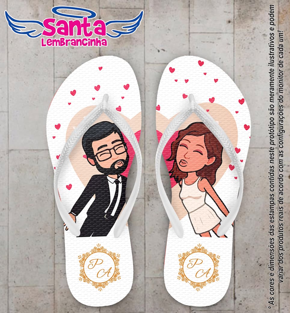 Chinelo Casamento Noivinhos com Fundo Branco e Corações COD 5980