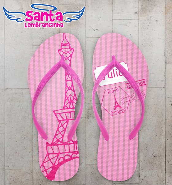 Chinelo Personalizado 15 Anos Debutante Rosa listrado com Torre eiffel COD 6236