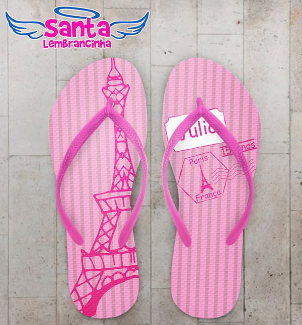 Chinelo Personalizado 15 Anos Debutante Rosa listrado com Torre eiffel COD 6236