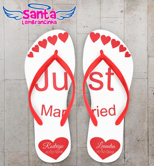 Chinelo Personalizado Casamento Just Married com Corações COD 6243