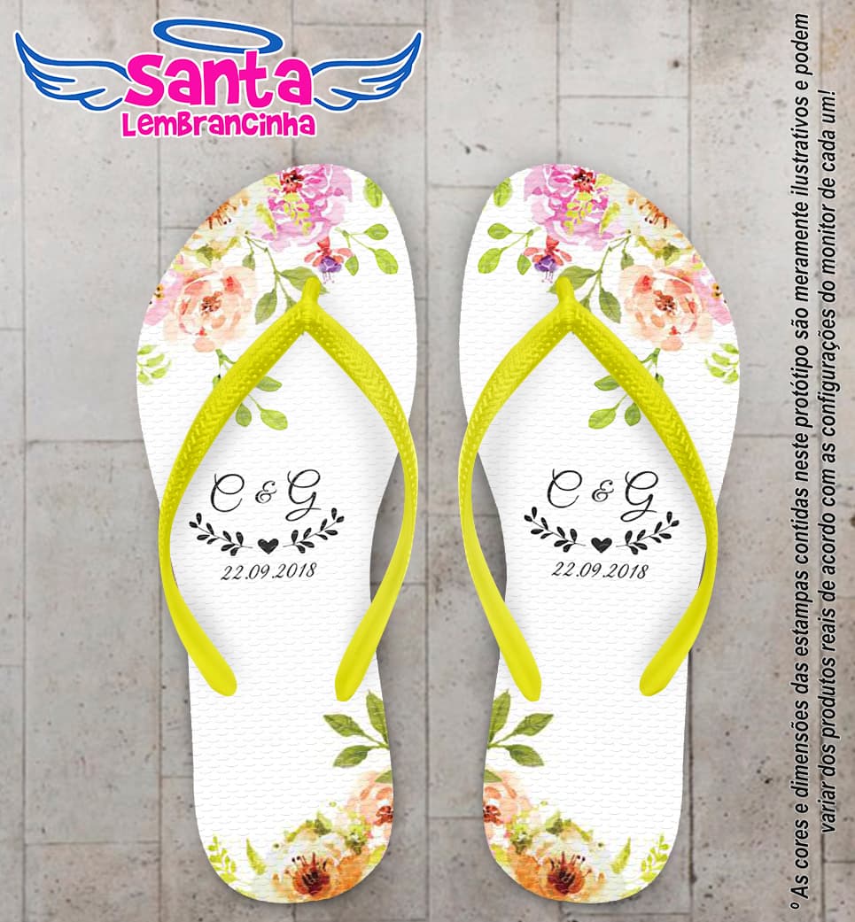 Chinelo Personalizado Casamento com Floral e Monograma COD 6328