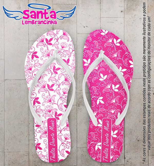 Chinelo Personalizado Aniversário com Floral Rosa e Branco COD 6381