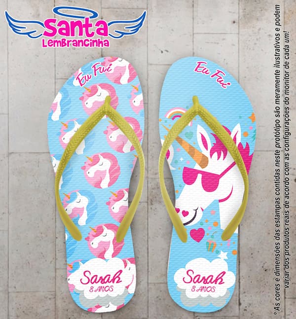 Chinelo Personalizado Infantil Azul com Unicórnios COD 6392