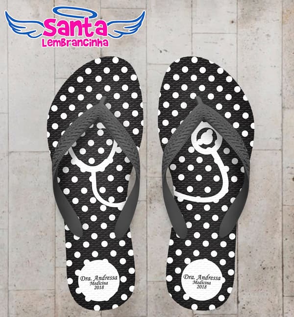 Chinelo Personalizado Formatura Medicina Preto com Bolinhas e Esteto COD 6374