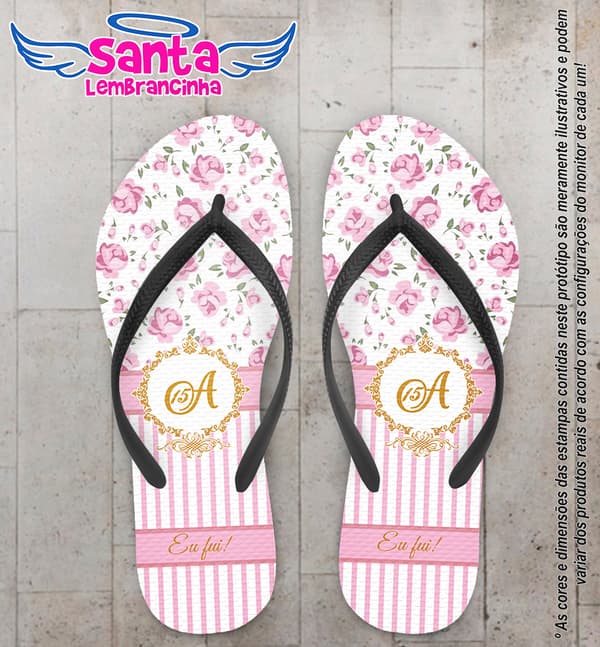 Chinelo Personalizado Debutante Listrado com Flores e Monograma COD 6339