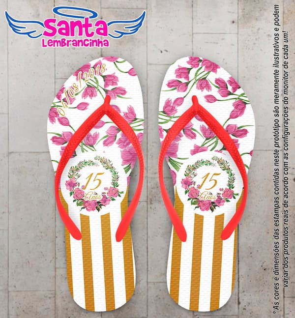 Chinelo Personalizado Debutante Listrado com Flores COD 6338