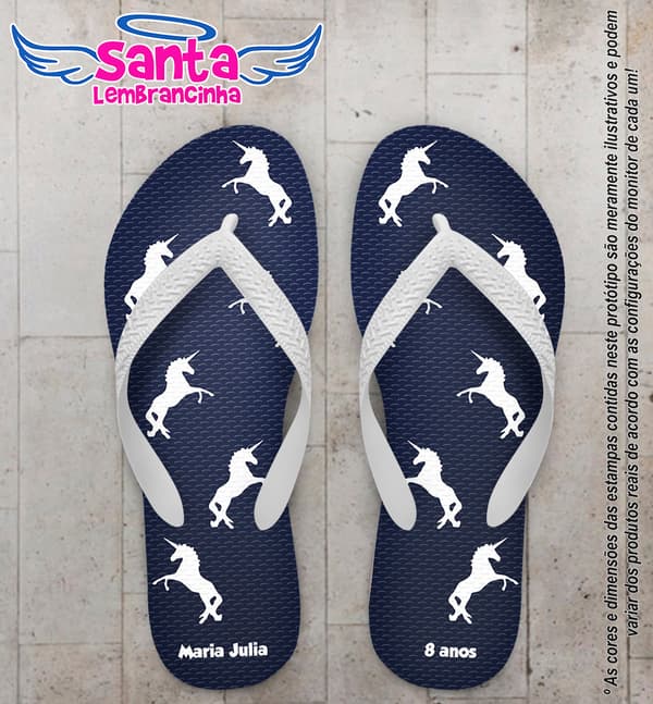 Chinelo Personalizado Infantil Azul Marinho com Unicórnios COD 6362