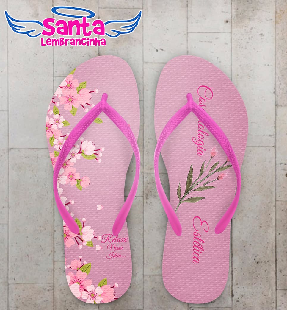 Chinelo Personalizado Cosmética Rosa com Flores COD 6336