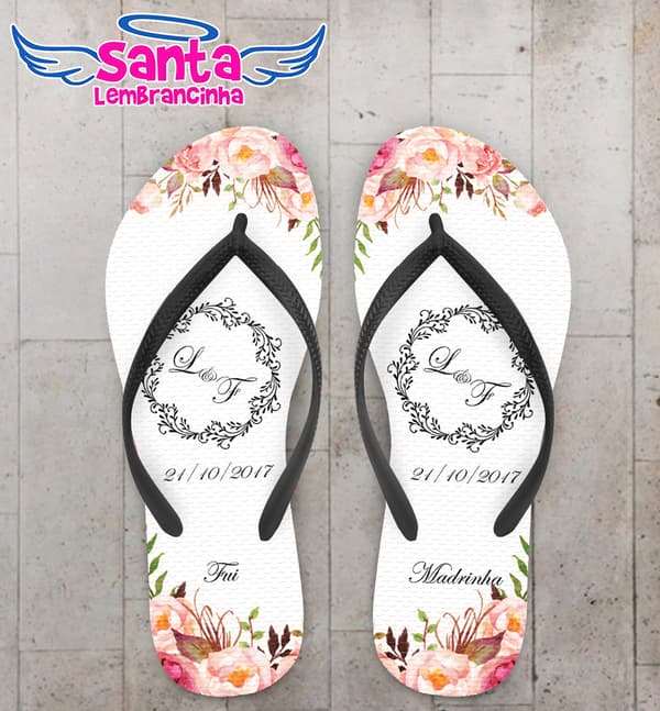 Chinelo Personalizado Casamento Monograma com Floral COD 6743