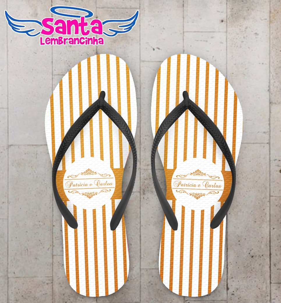 Chinelo Personalizado Casamento Listrado com Dourado COD 6728