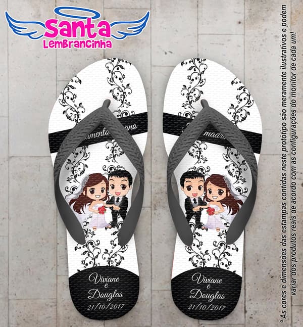 Chinelo Personalizado Casamento Noivinhos com Floral Preto COD 6611