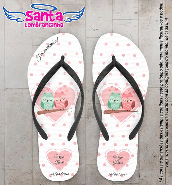 Chinelo Personalizado Casamento Coração e Corujas COD 6602