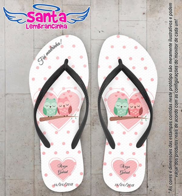 Chinelo Personalizado Casamento Coração e Corujas COD 6602