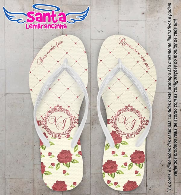 Chinelo Personalizado Casamento Listrado com Flores e Poa COD 6523