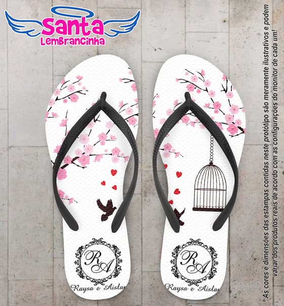 Chinelo Personalizado Casamento Flores e Pássaros COD 6606