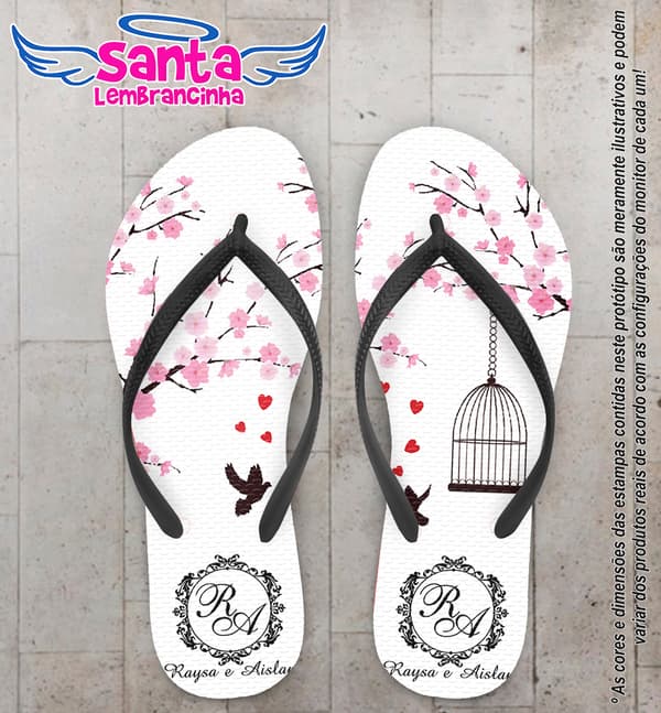 Chinelo Personalizado Casamento Flores e Pássaros COD 6606