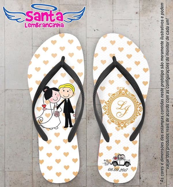 Chinelo Personalizado Casamento Corações e Noivinhos COD 6610