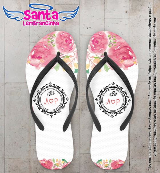 Chinelo Personalizado Casamento Monograma e Flores COD 6646