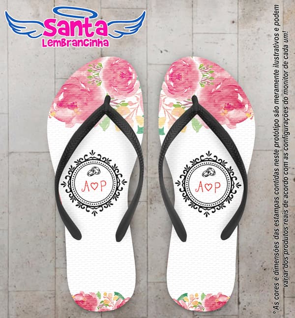 Chinelo Personalizado Casamento Monograma e Flores COD 6646