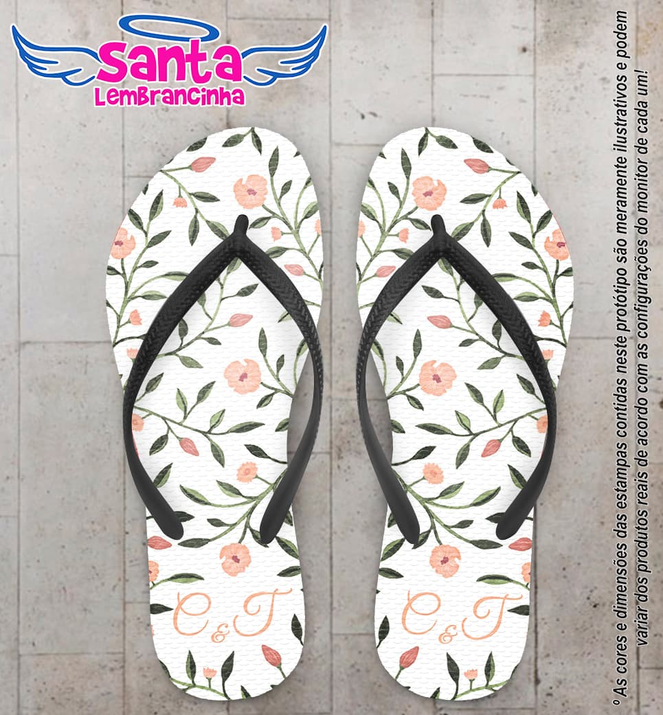 Chinelo Personalizado Casamento com Flores e Galhos COD 6649