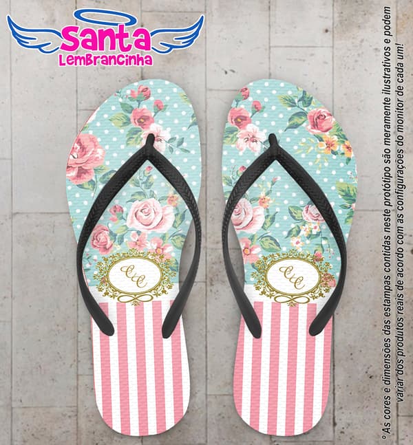 Chinelo Personalizado Casamento Listrado com Floral e Poa COD 6520
