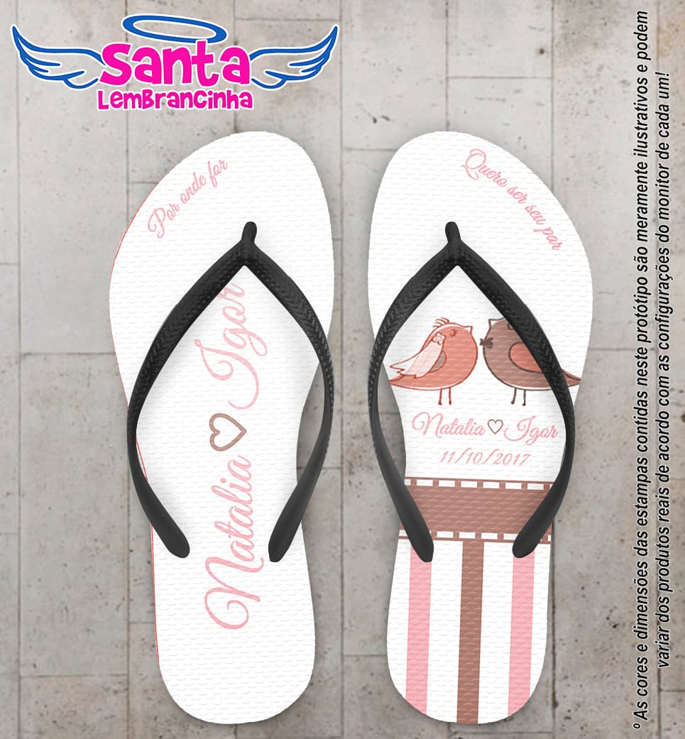 Chinelo Personalizado Casamento Listrado com Pássaros COD 6617