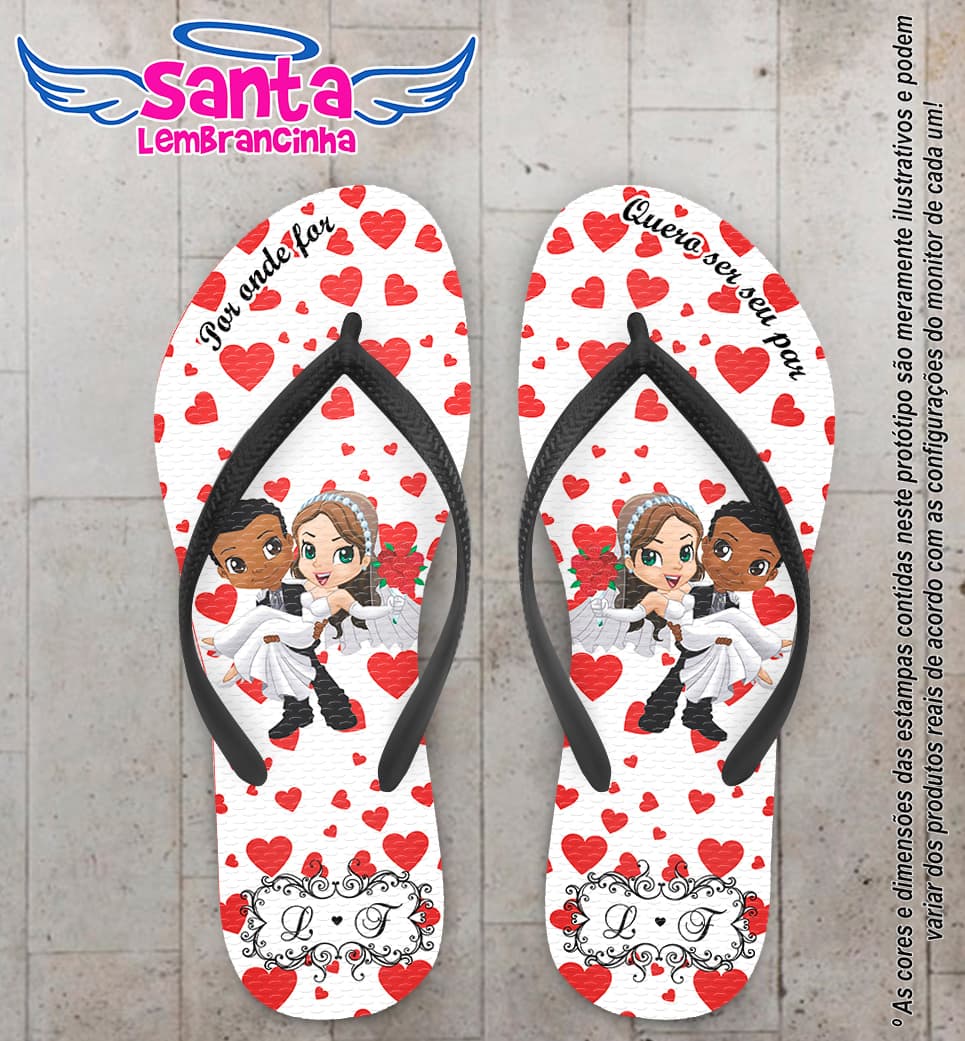 Chinelo Personalizado Casamento Noivinhos com Corações COD 6531