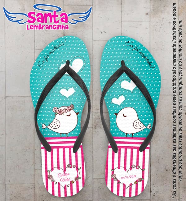 Chinelo Personalizado Casamento Pássaros com Listras e Poa COD 6533