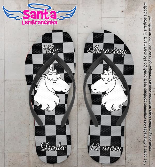 Chinelo Personalizado Infantil Unicórnio com Fundo Xadrez COD 6547