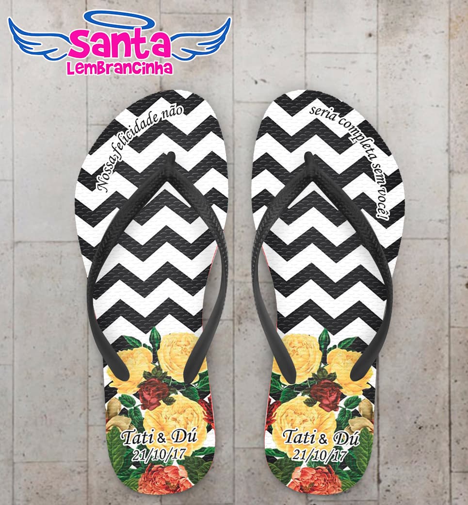 Chinelo Personalizado Casamento Floral com Chevron COD 6697