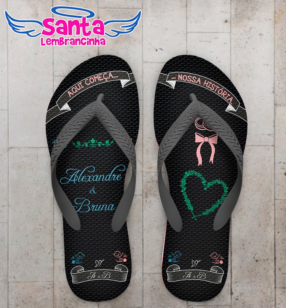 Chinelo Personalizado Casamento Fundo Preto com Coração COD 6781