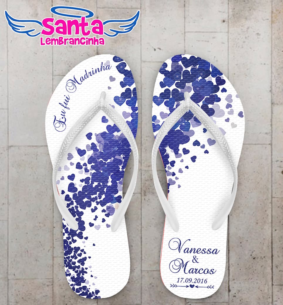 Chinelo Personalizado Casamento Corações Azul COD 6773
