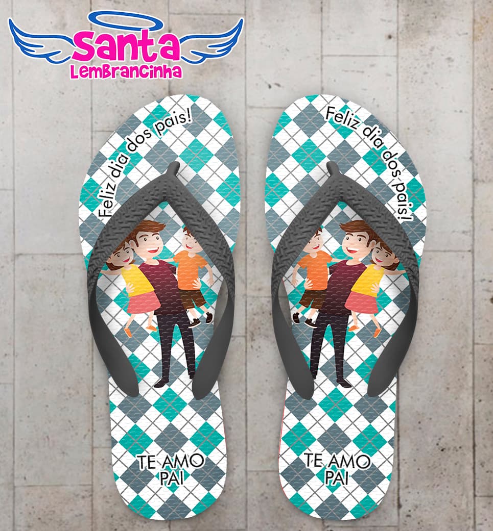 Chinelo Personalizado Dia dos Pais Pai e Filhos com Fundo Xadrez COD 6929