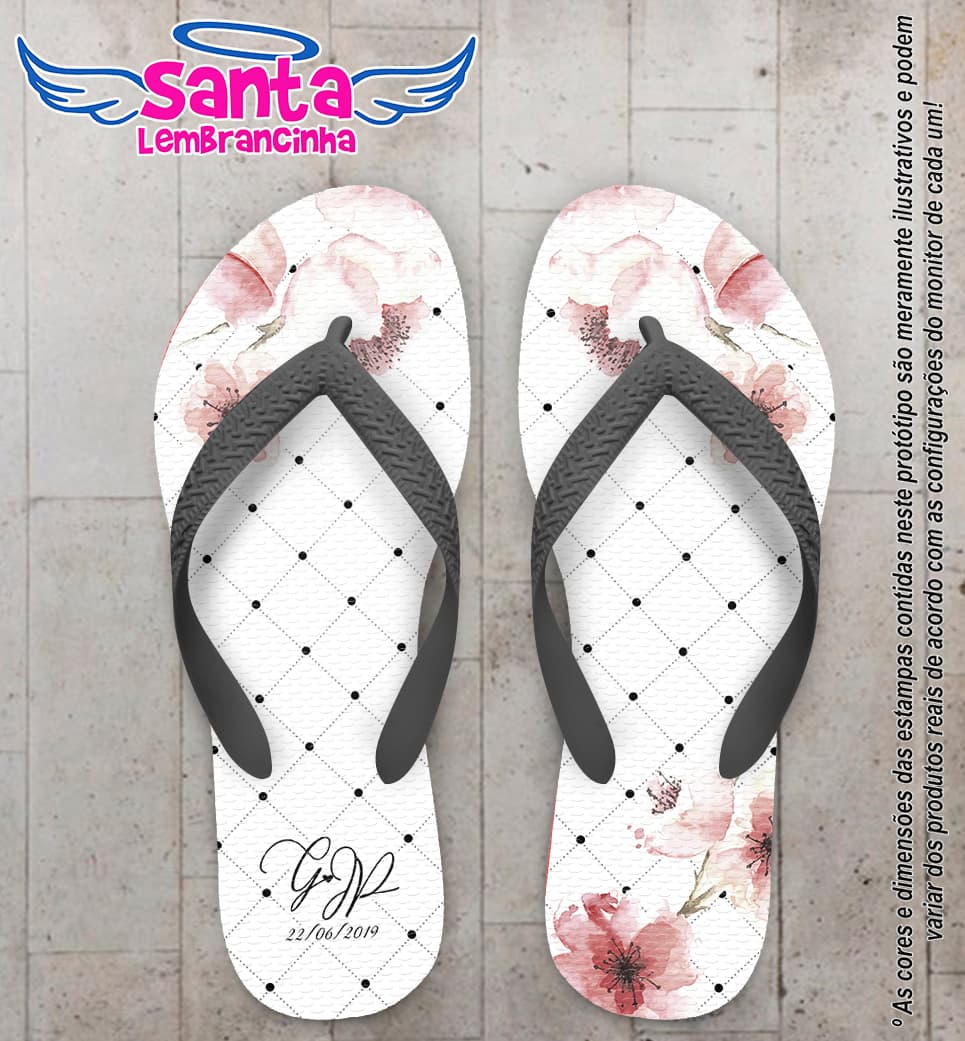 Chinelo Personalizado Casamento com Poa e Flores COD 6879