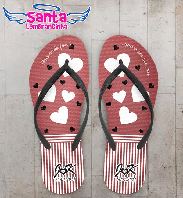 Chinelo Casamento Personalizado Marsala com Corações COD 9158