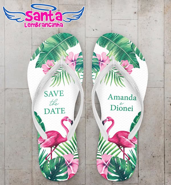 Chinelo Casamento Personalizado Tropical com Flamingo COD 9237