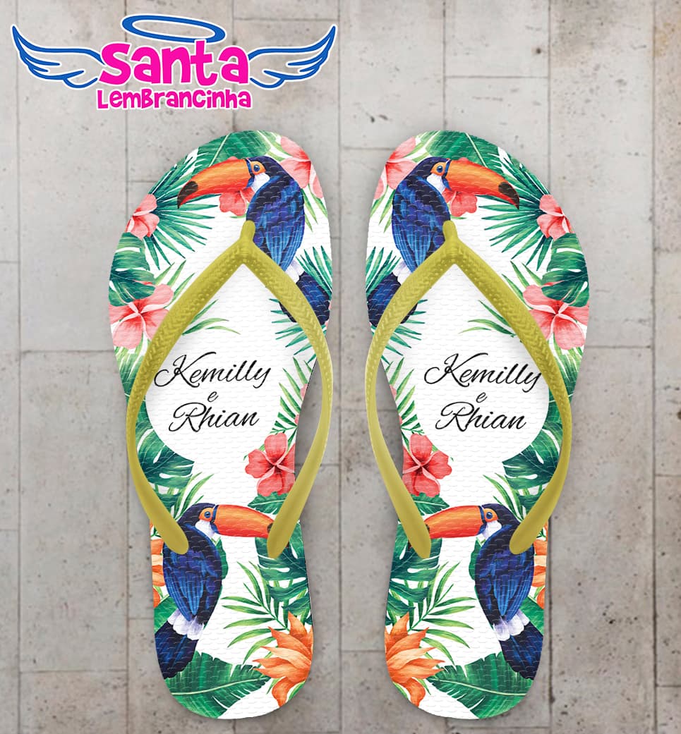Chinelo Casamento Personalizado Tropical com Tucanos COD 9239