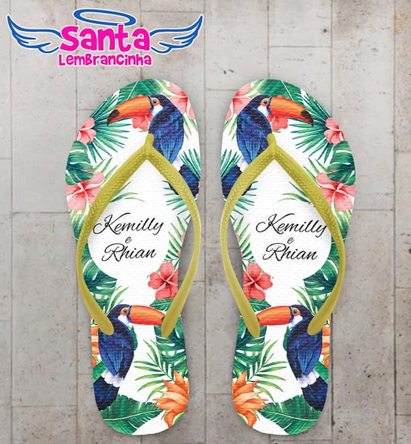 Chinelo Casamento Personalizado Tropical com Tucanos COD 9239