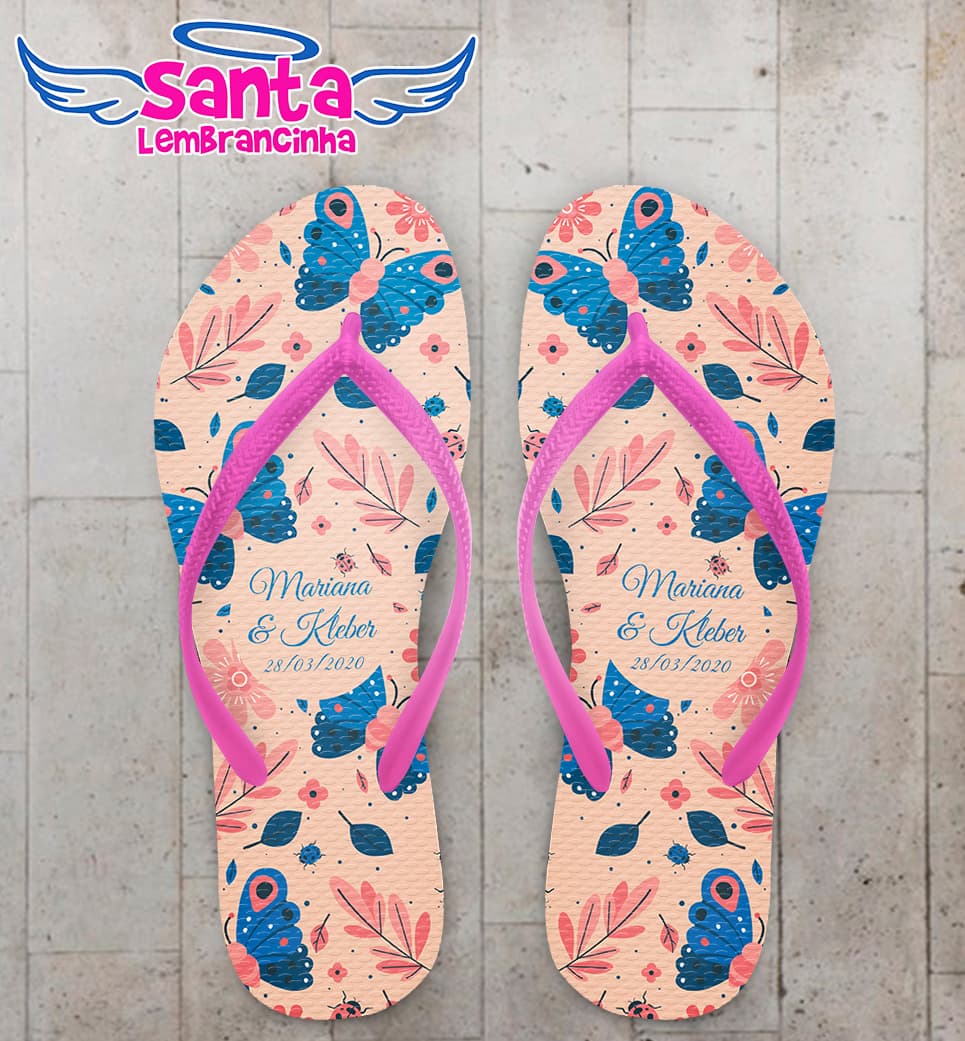 Chinelo Casamento Personalizado com Flores e Borboletas COD 9130