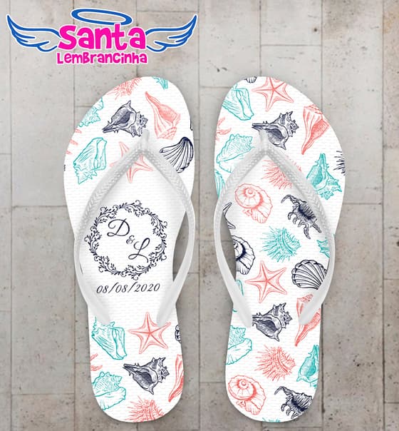 Chinelo Personalizado Casamento com Conchas e Estrelas COD 9117