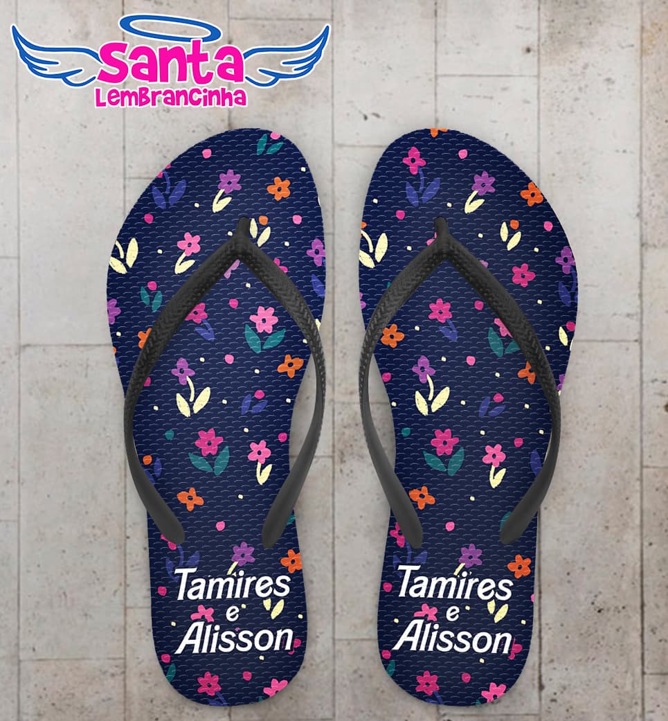 Chinelo Casamento Personalizado Azul com Flores COD 9290