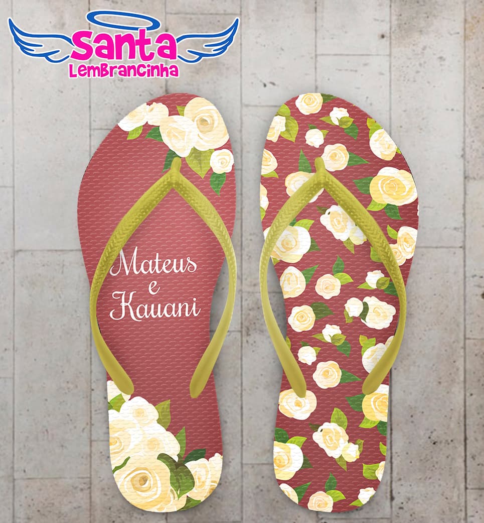 Chinelo Casamento Personalizado Marsala com Flores COD 9269