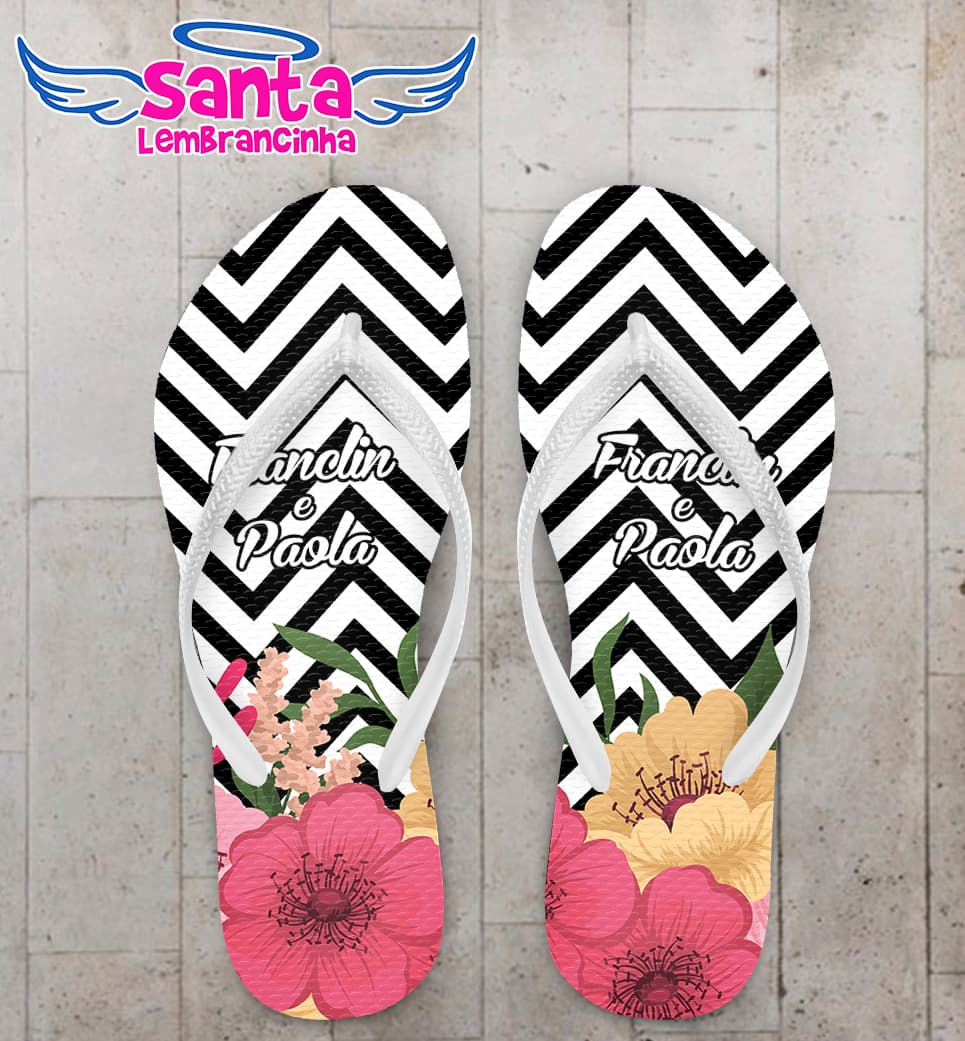 Chinelo Casamento Personalizado Chevron com Floral COD 9323